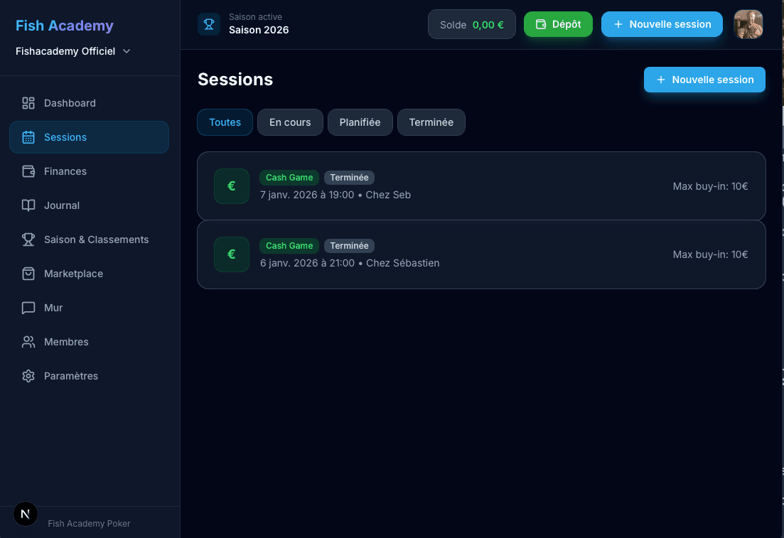 Capture d'écran - Gestion des sessions